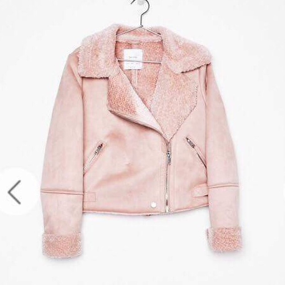Pink faux shearling aviator coat